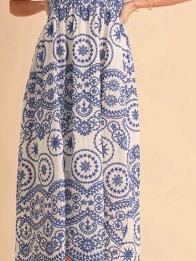Sunday Up white and blue floral midi dress with ruffle sleeves